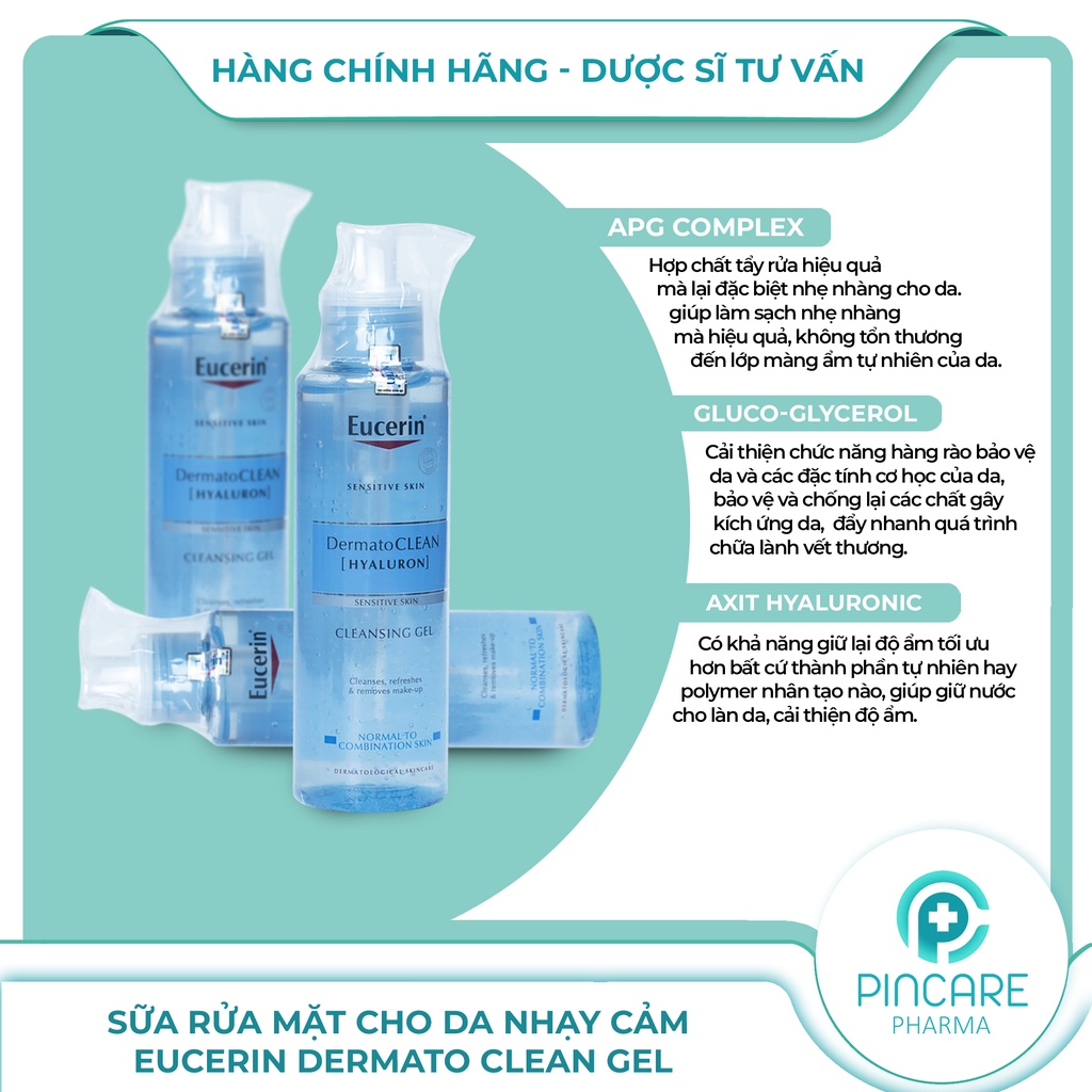 Sữa rửa mặt da nhạy cảm Eucerin Dermato Clean Gel 200ml - Hàng chính hãng - Nhà thuốc PinCare