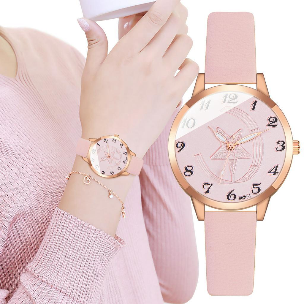 Đồng hồ quartz đeo tay dây da mặt in hình ngôi sao thời trang Hàn Quốc cho nữ
