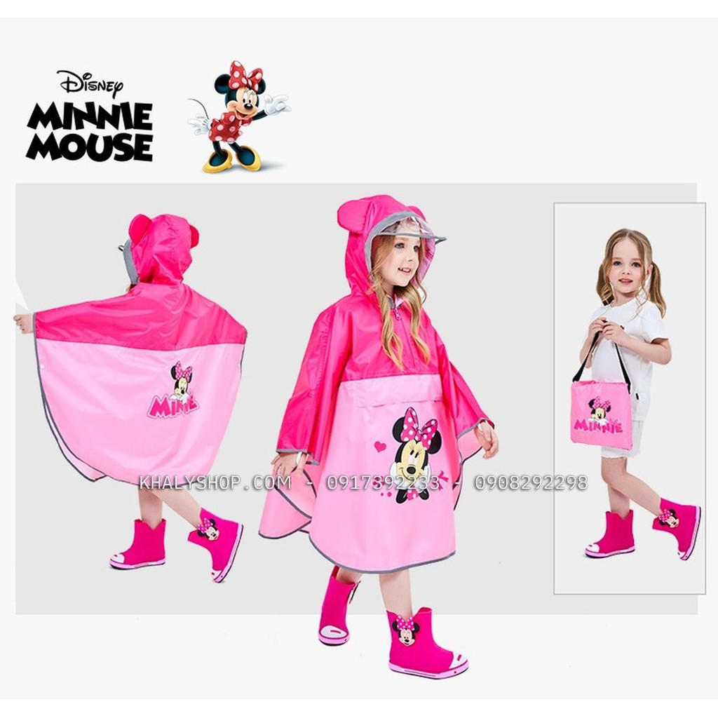 Áo mưa cánh dơi vải dù cao cấp hình chuột Minnie Mouse màu hồng cho bé gái còn size (S,M,L,XL)