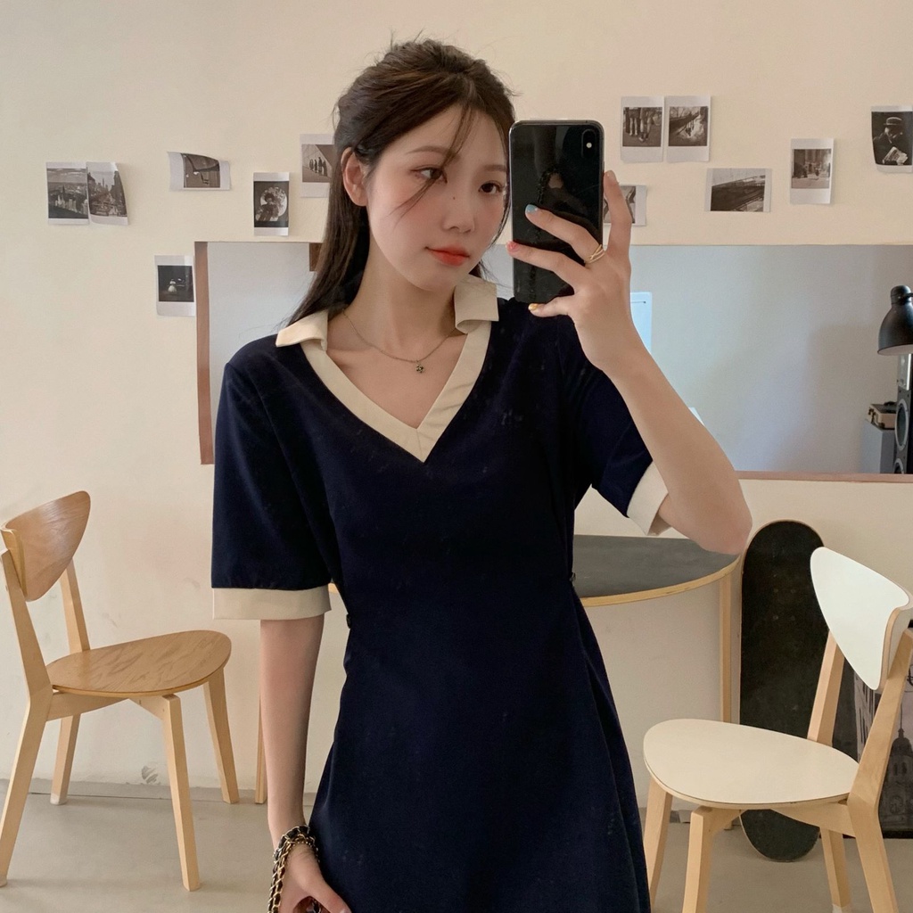 Đầm Thun polo Ôm Eo Cổ Chữ v Màu Sắc Tương Phản Thời Trang Mùa Hè Dành Cho Nữ