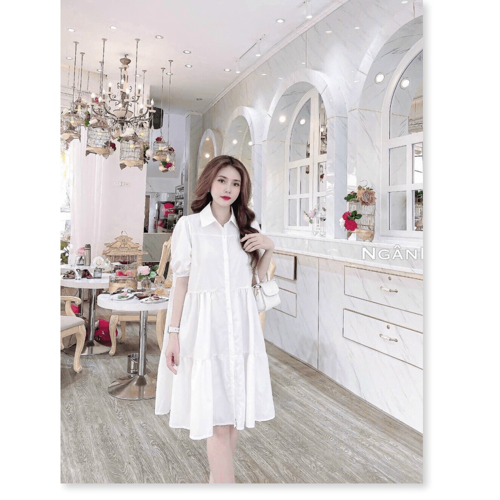 ( SALE SẬP SÀN) Đầm babydoll cổ áo sơ mi cài nút, dáng váy xòe, thích hợp mặc ở nhà, đi chơi, đầm bầu, hai màu trắng, be