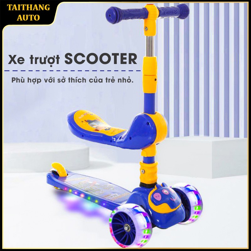 Xe trượt scooter 3 bánh cao cấp dành cho bé, phát nhạc, bánh xe phát sáng vĩnh cửu, rèn luyện vận động tăng chiều cao