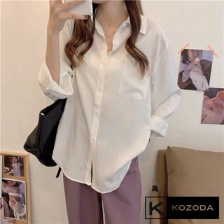 Áo sơ mi nữ nam form rộng tay dài trắng 1 túi basic, áo sơ mi unisex mặc năng động