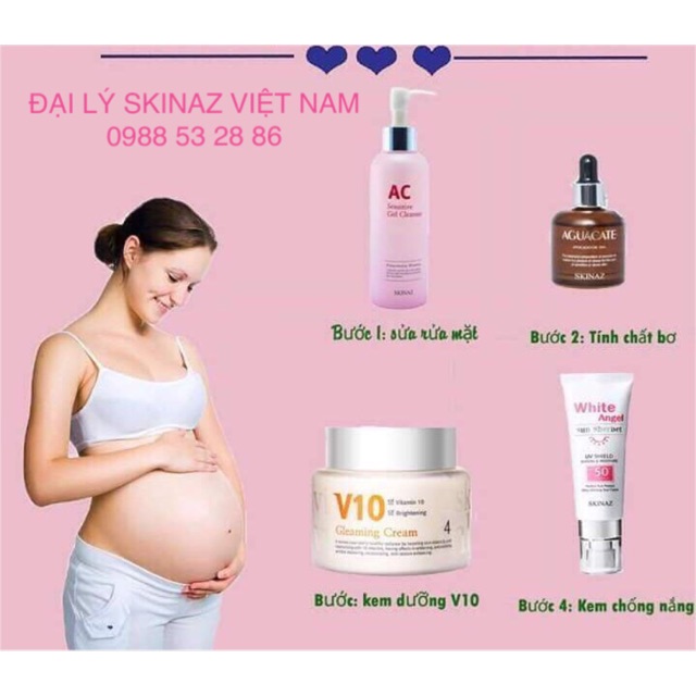 Combo dưỡng da Skinaz cho bà bầu - Sữa rửa mặt AC - Tinh chất bơ - Kem V10 - Kem chống nắng White Angel