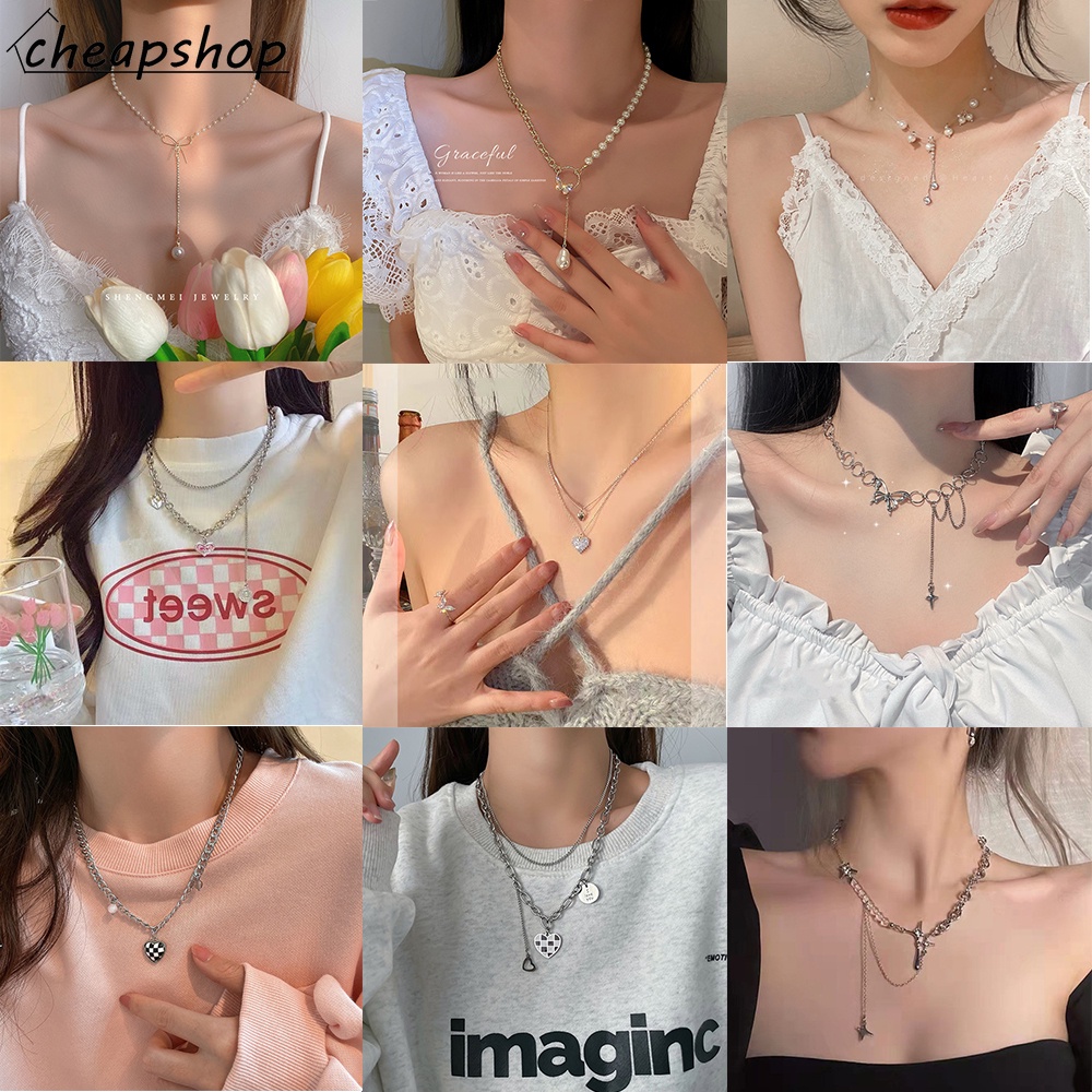 Vòng cổ iF YOU ngọc trai mặt trái tim và bướm phong cách Hàn Quốc