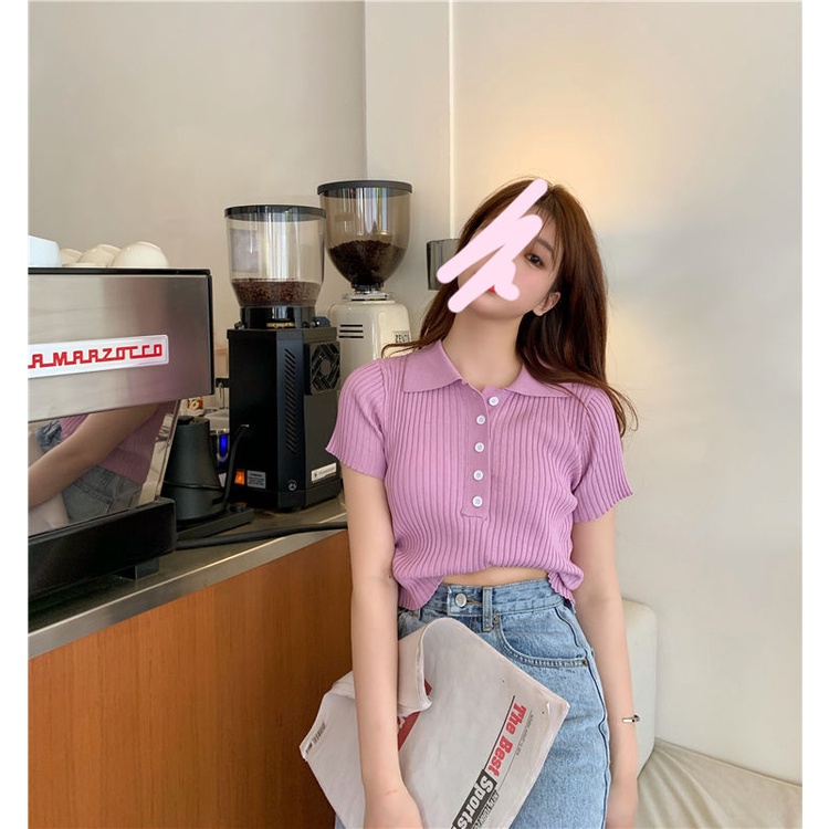 Happy-store  Áo croptop dệt kim tay ngắn cổ polo thời trang Hàn Quốc thanh lịch