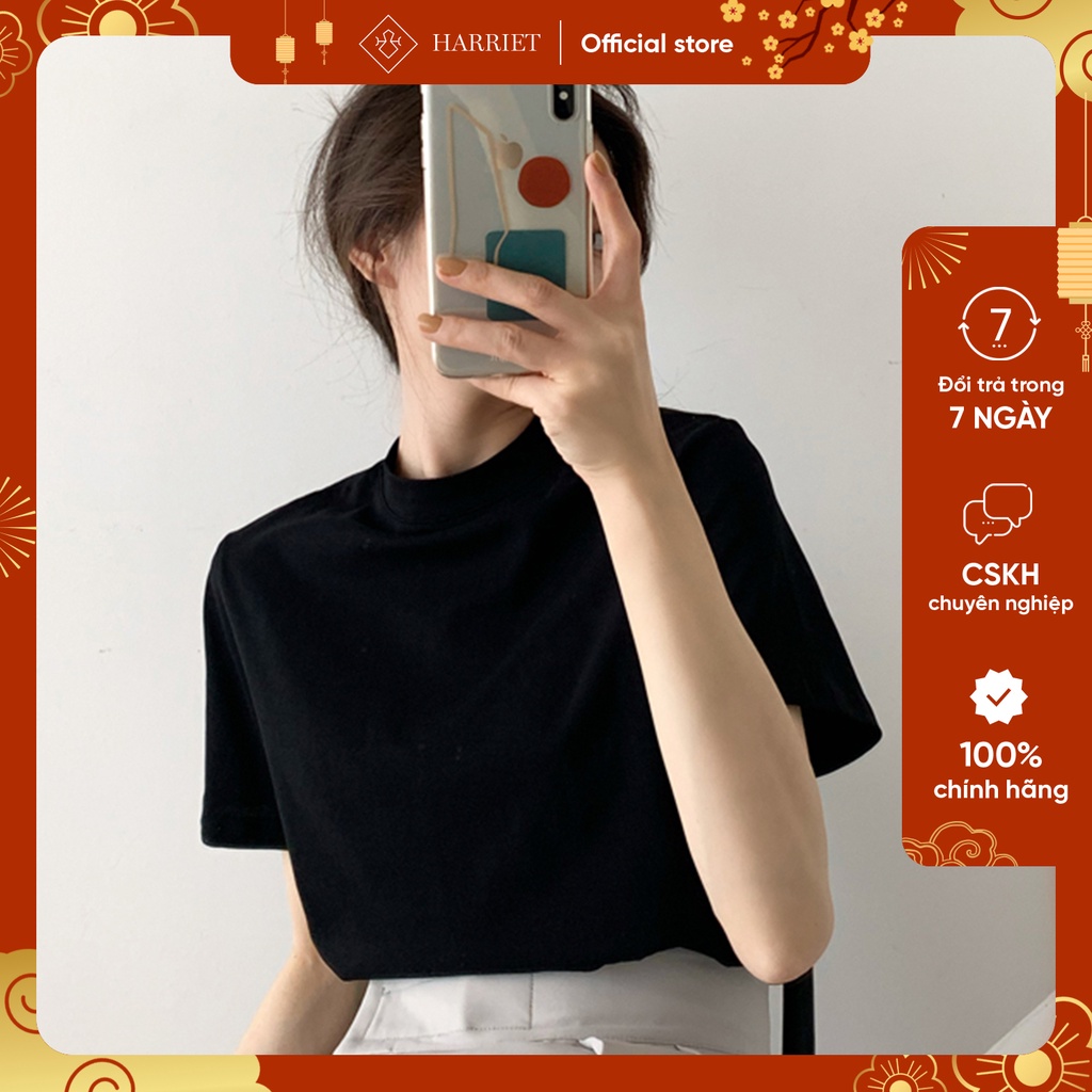 Áo phông nữ cổ tròn cao chất liệu cotton mềm mại thấm hút mồ hôi 2.5cm Harriet
