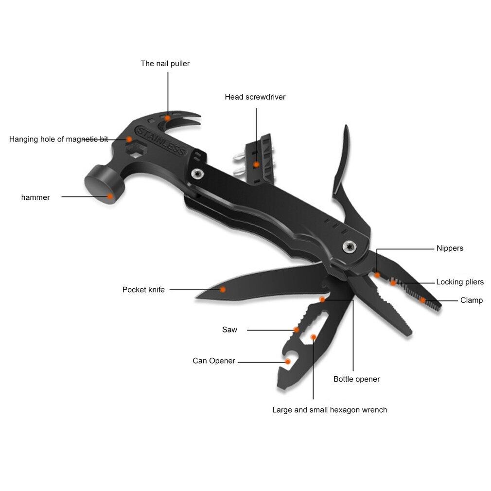 Búa đa năng gấp gọn bằng Thép không gỉ - Bộ dụng cụ đi phượt, cứu hộ khi gặp sự cố - Búa kiêm kìm, tua vít đa năng 14in1