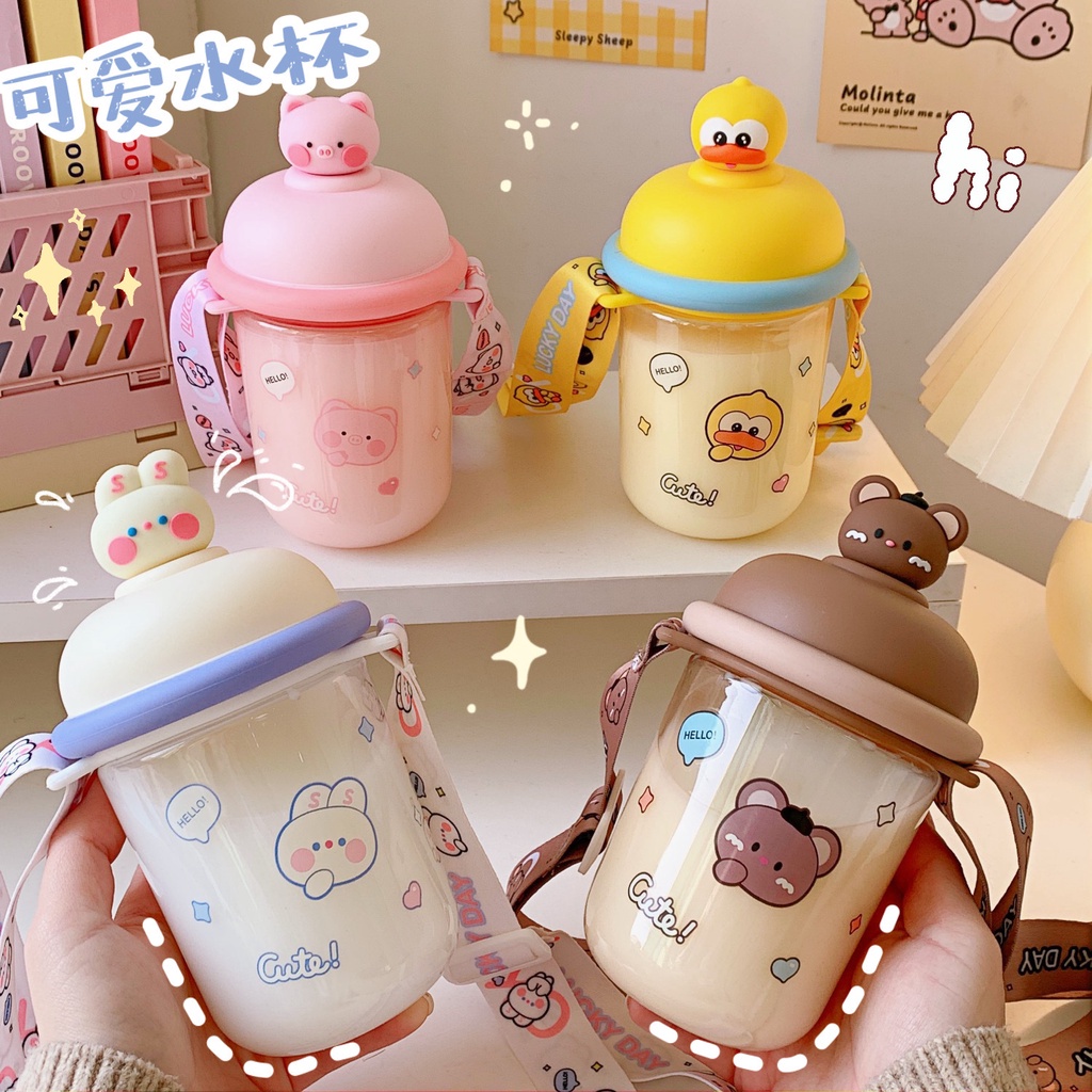 Bình nước hình thú kute nhiều hình kèm dây đeo dung tích 435ml nhiều màu nhựa PC an toàn sức khỏe