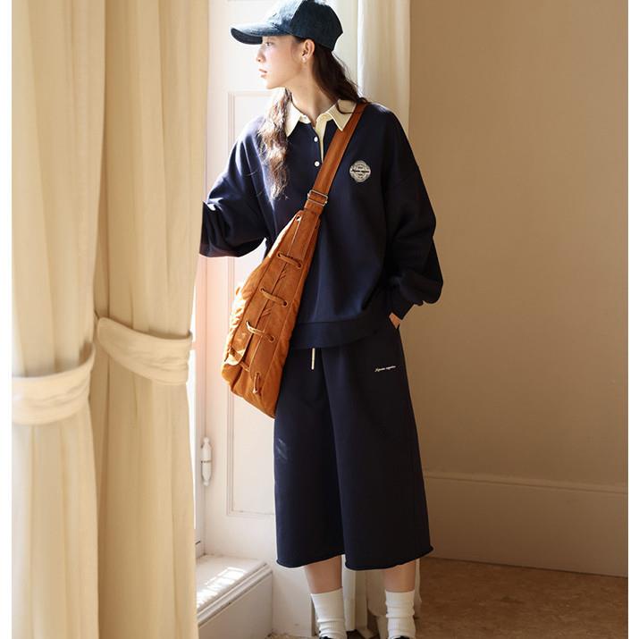 Bộ Áo Sweater Cổ Bẻ Thêu Họa Tiết Màu Sắc Tương Phản Phong Cách Hàn Quốc Thời Trang Mùa Thu Mới