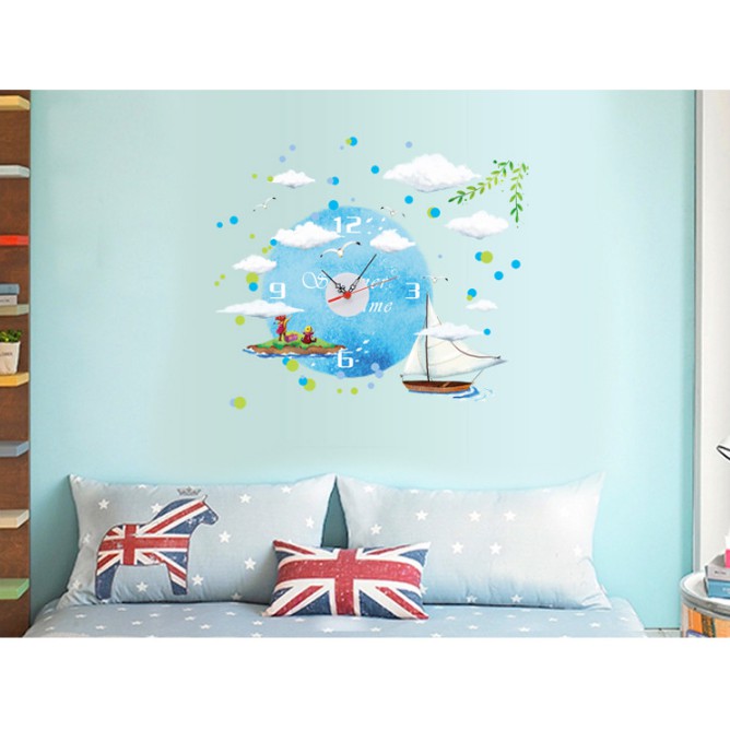 Decal trang trí Kèm Đồng Hồ dán tường - mẫu thuyền lớn và trởi xanh ( Cao cấp )