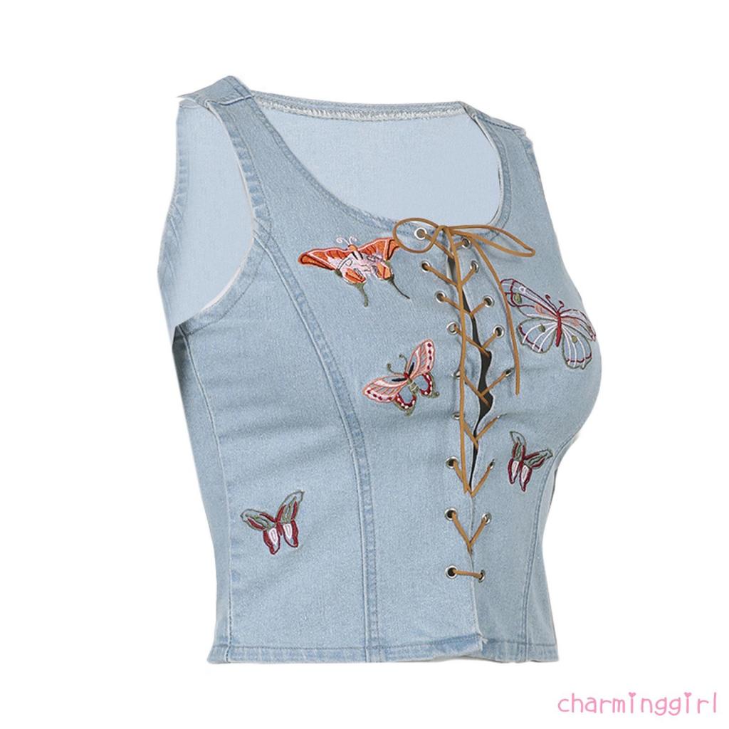 Áo Ba Lỗ Cổ Tròn Thêu Hình Bướm Chất Liệu Denim Thời Trang Cho Nữ