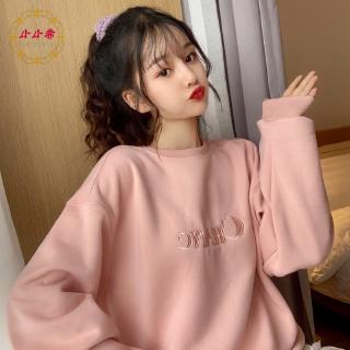 Xiaoxi University t Áo Thun Dáng Rộng Lót Lông Cừu Cổ Tròn Thêu Chữ Màu Hồng Ngọt Ngào Phong Cách Preppy Hàn Quốc Thường Ngày Cho Bạn Gái