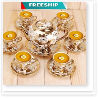 [ảnh thiệt] Bộ ấm trà 6 ly hoàng gia nhũ vàng - Bộ ấm tách uống trà cao cấp
