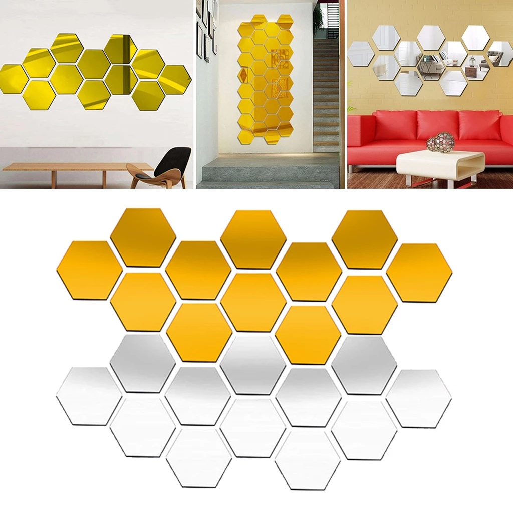 Nhãn Dán Tường Trang Trí Hình Lục Giác Tráng Gương Acrylic 3D DIY