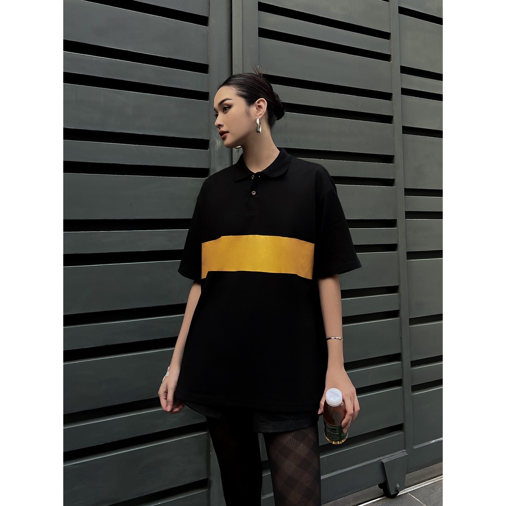 Áo POLO LOGO 2 Màu Đen, Xám In Mảng Nhũ Nổi Bật Unisex Oversize