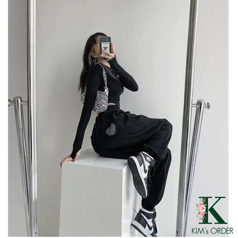 Quần nỉ jogger ống boom suông bo gấu màu đen xám cạp chun mông trái tim thể thao năng động sport phong cách Ulzzang