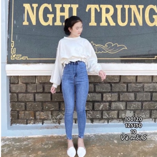Set jeans dài lưng cao co giãn trơn + áo croptop rút dây tay dài