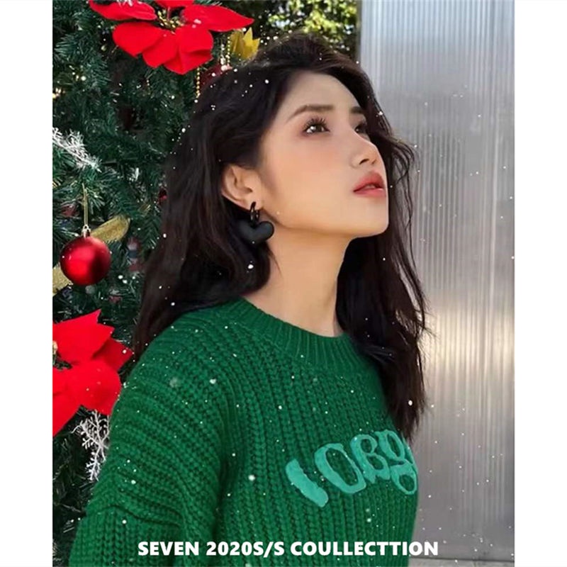 Áo sweater lửng dáng rộng màu xanh lá sang trọng thời trang 2021 dành cho nữ