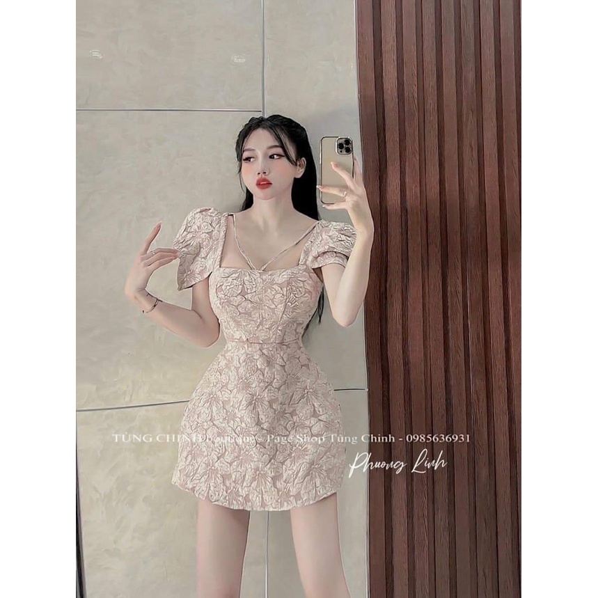 [10.10 Sale Freeship] Đầm nữ dáng xòe chất liệu gấm tay phồng cổ vuông sang chảnh, đầm dự tiệc họa tiết hoa nổi