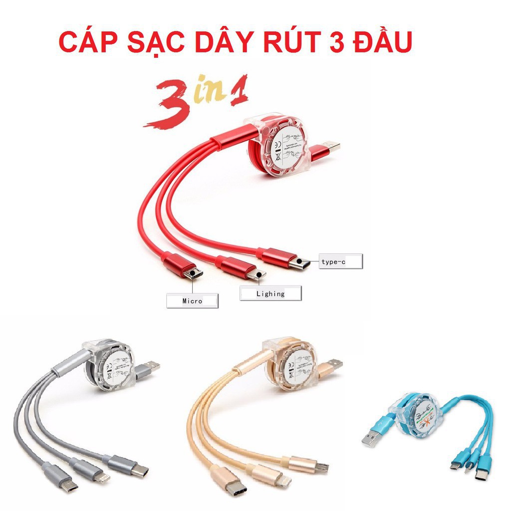 Dây sạc 3 đầu, cáp sạc có dây rút tiện lợi cho điện thoại - Beetech