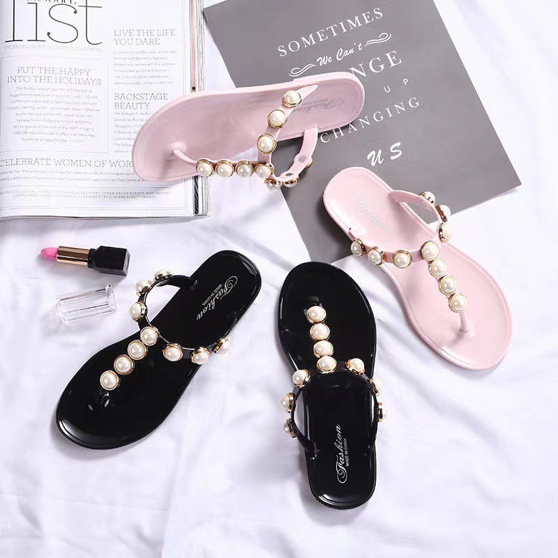 Dép Xỏ Ngón Đính Chuỗi Màu Sắc Trang Nhã, Đế Bệt Chống Trơn Dành Cho Phái Nữ