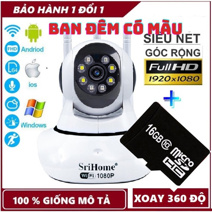 Camera Wifi Srihome 3 Râu 2.0 Mpx-Có Màu Ban Đêm-Kèm Thẻ Nhớ