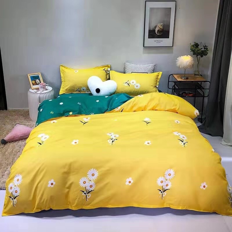 Bộ Chăn Ga Cotton Poly Cúc Vàng Ga Xanh Lá