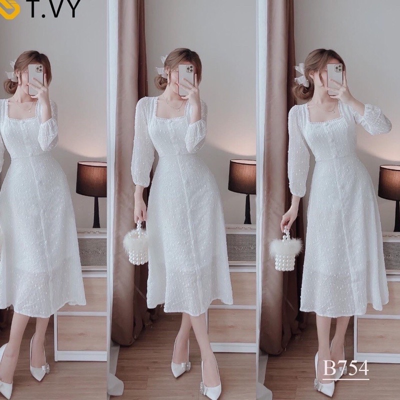 Pass Váy cổ vuông tay dài cúc bọc có khoá lưng và dây buộc 2 lớp