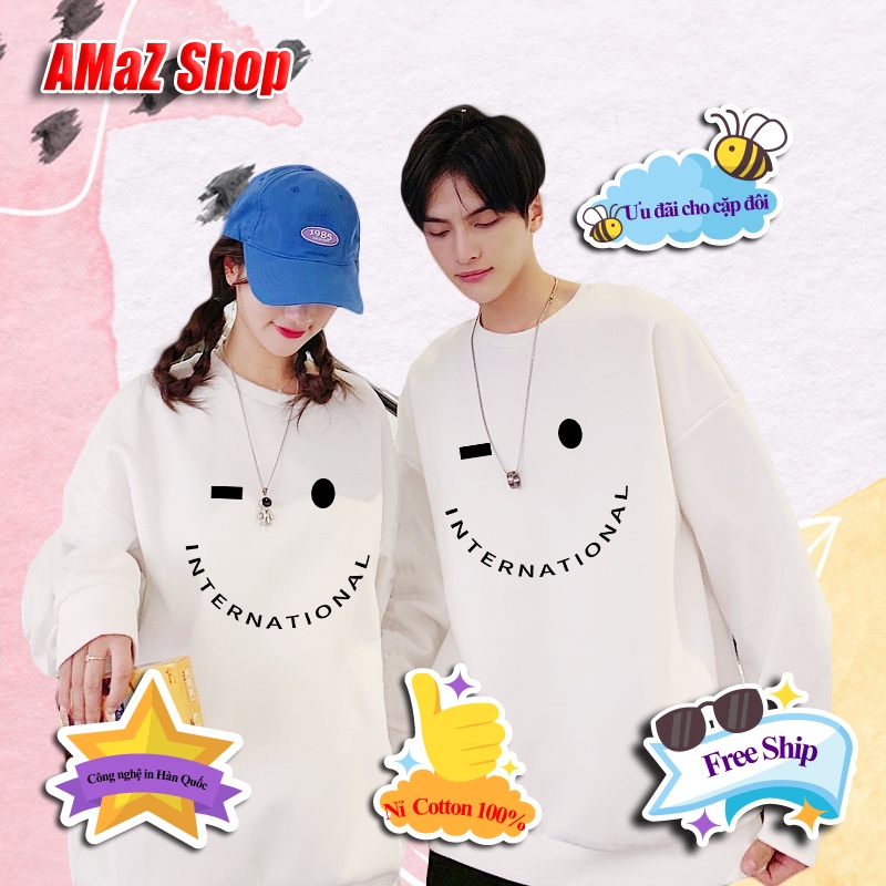 Áo sweater nỉ unisex nam nữ ,  áo đôi nam nữ hình mặt cười vuông tròn AMZ5