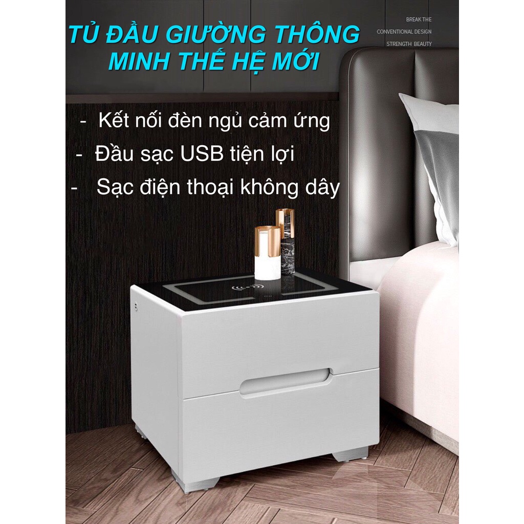 Tủ Đầu Giường Thông Minh- Tủ Đầu Giường Có Đèn Led và Sạc Điện Thoại Không Dây