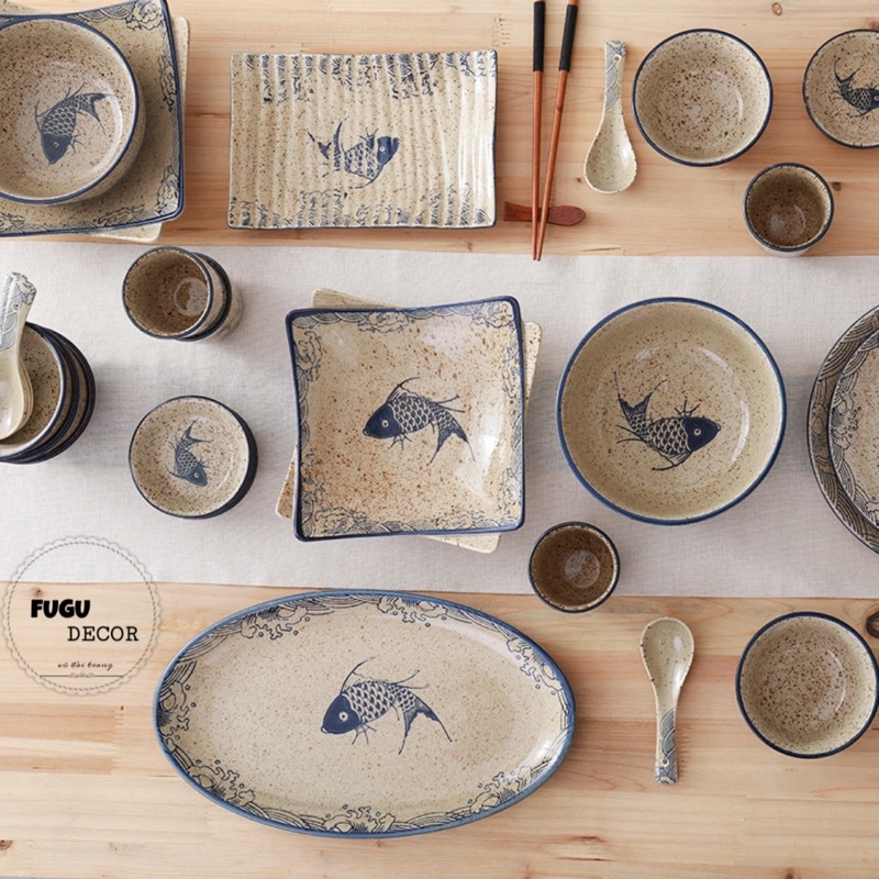 Bộ bát đĩa phong cách Nhật Bản hình con cá , bát đĩa decor
