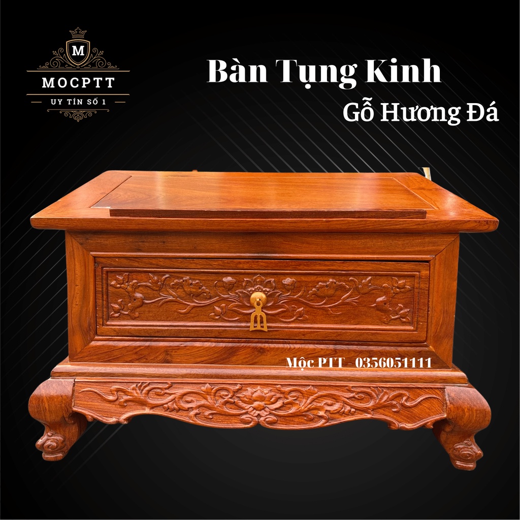Bàn tụng kinh mẫu Triện Sen gỗ Hương đá và Gõ đỏ kích thước 46 x 35 x 34 và 54 x 35 x 37 cm