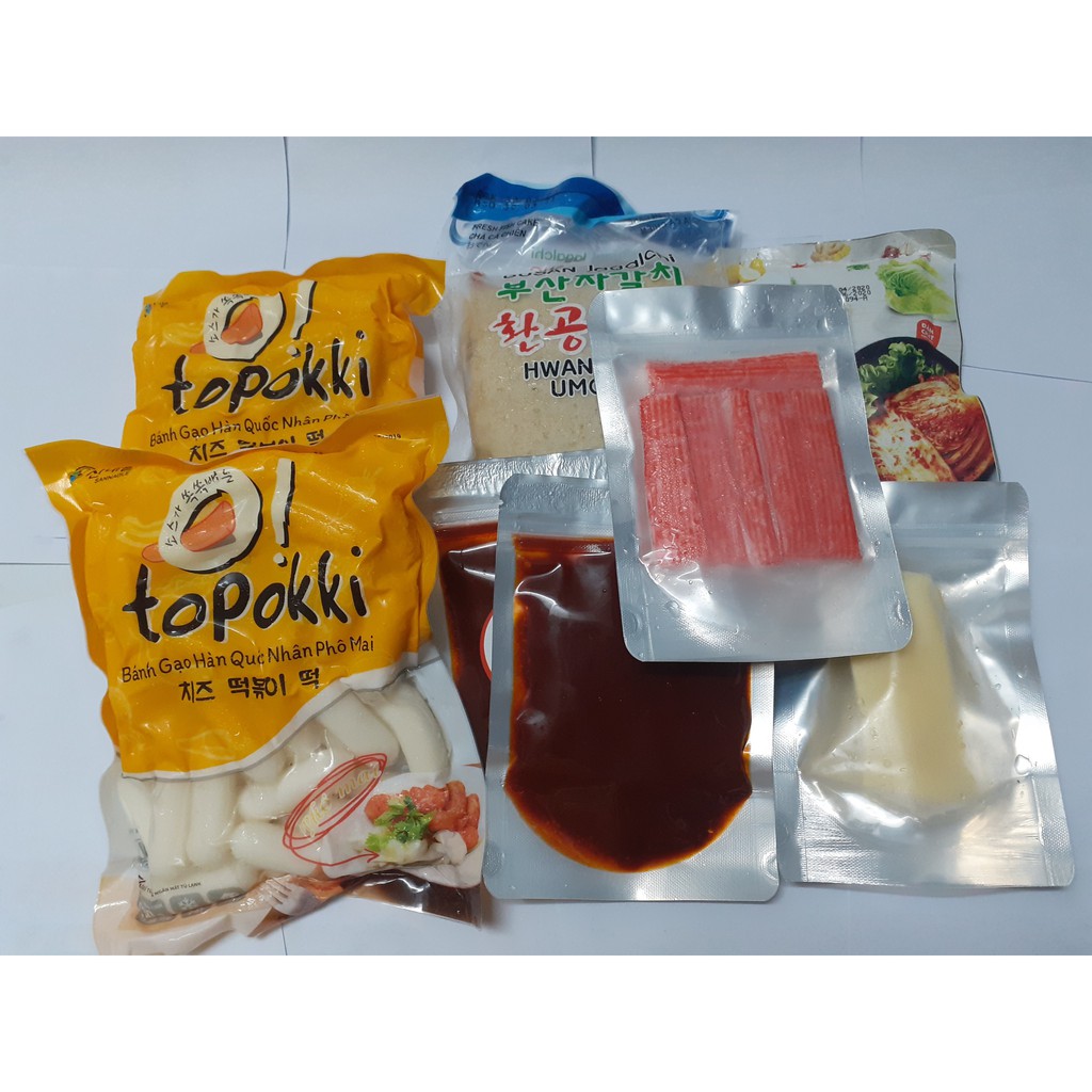 combo nấu lẩu topokki ( 1kg tok phô mai, chả cá, phô mai Mozzazella,100g thanh cua, kim chi, 200g sốt)