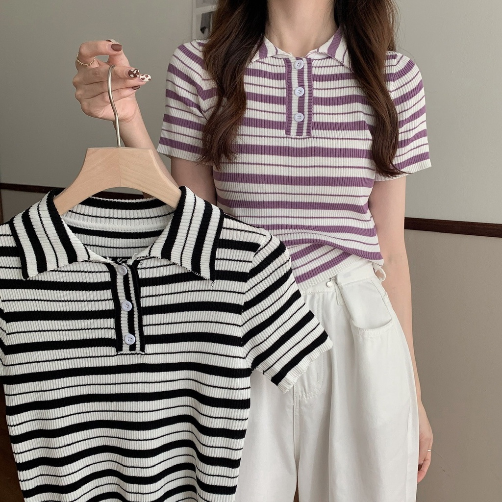 【ZHELIHANGFEI】 / Áo Sweater polo Ngắn Tay Vải Lụa Lạnh Mỏng Kẻ Sọc Có Cổ Thời Trang Mùa Hè Mới Cho Nữ