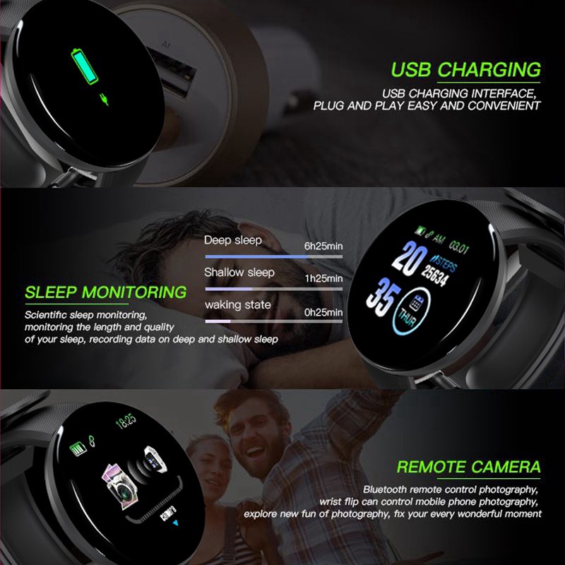 D18 Bluetooth 4.0 Smartwatch Sport IP65 Tahan Air Smart Bracelet Health Tracker Smartband