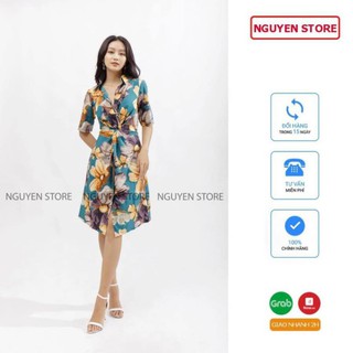 Đầm suông nữ xoắn eo trẻ trung, váy sơ mi ngắn tay cổ bẻ thanh lịch siêu hack dáng.