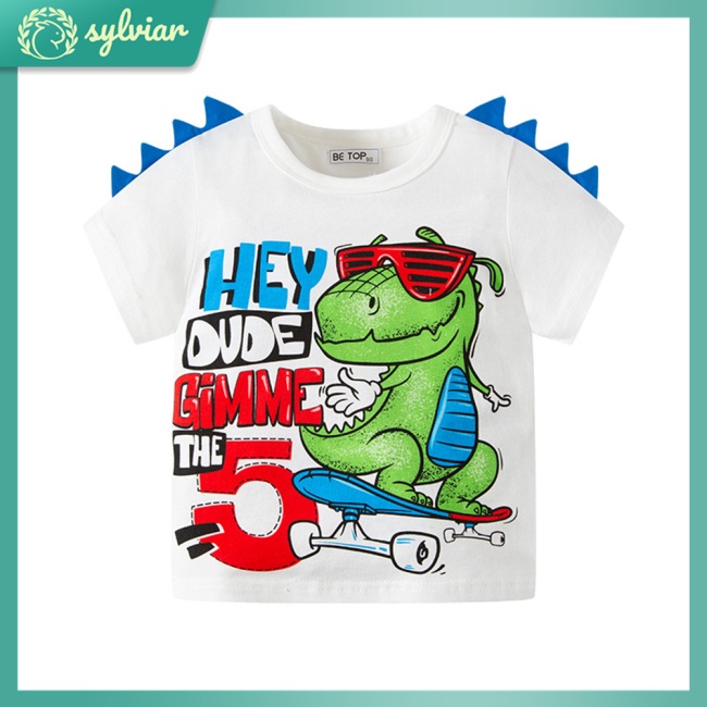 Áo Thun Cotton Tay Ngắn Cổ Tròn Thoáng Khí In Hình Khủng Long Hoạt Hình Cho Bé Trai