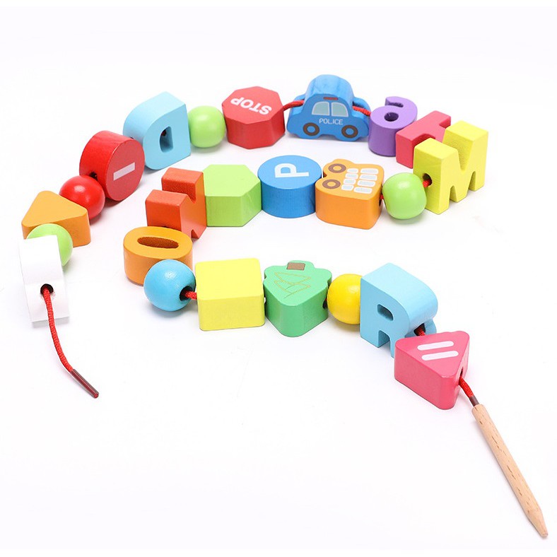 Đồ chơi xâu hạt gỗ chữ cái, số và phương tiện giao thông- Đồ chơi phát triển kỹ năng cho bé