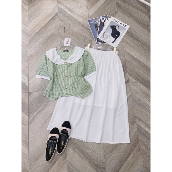 SÉT ÁO VÁY KẺ Ô CỔ SEN ÁO CHẤT ĐŨI NHĂN KẺ Ô XANH NGỌC HÀNG L1