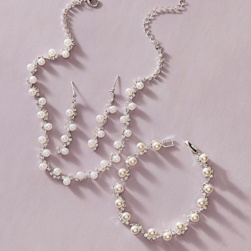 Bộ Trang Sức Thời Trang Màu Bạc Đính Kim Cương Nhân Tạo Cho Cô Dâu