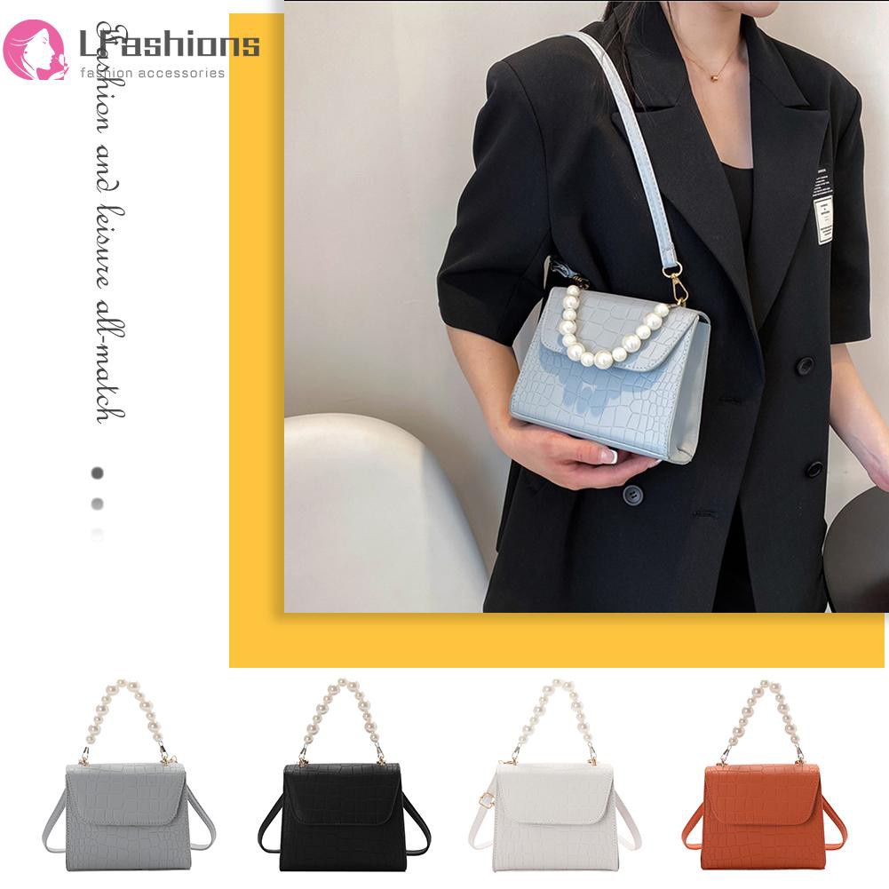 Women Stone Pattern Leather Shoulder Bag Pearl Top-handle Handbags