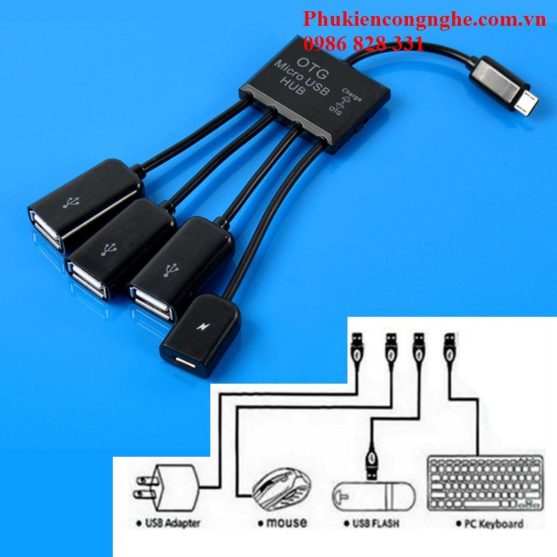 Cáp OTG ra 3 cổng USB Hub OTG hỗ trợ sạc nguồn cho Điện thoại