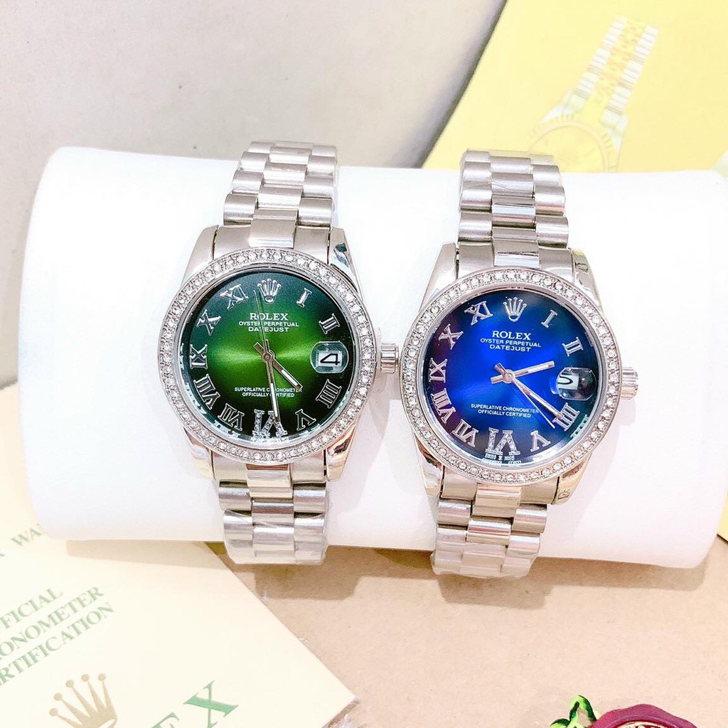 [Cao Cấp]Đồng hồ Rolex nữ mặt size 32mm đính hạt dây màu BẠC đúc hợp kim NGUYÊN KHỐI không gỉ, không phai màu