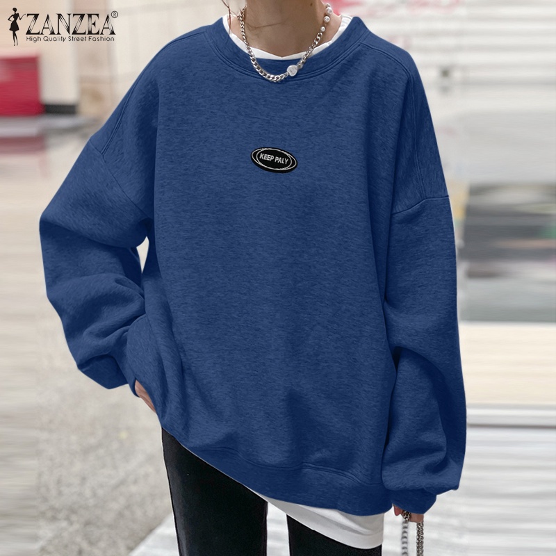 Áo sweater ZANZEA màu trơn dáng rộng cổ chữ O phong cách giản dị thời trang đường phố cho nữ