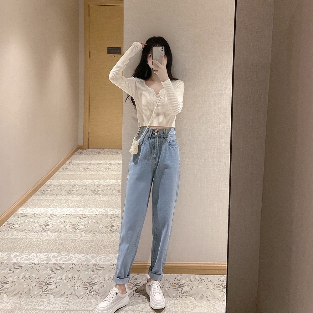 DUNEA Áo Sweater Mỏng Tay Dài Cổ Chữ V Dáng Ngắn Thời Trang Quyến Rũ Cho Nữ