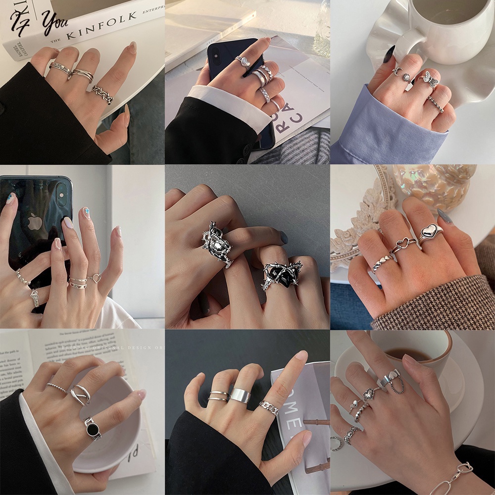 Set nhẫn AY đính đá tùy chọn kiểu dáng thiết kế thời trang retro làm bằng bạc dành cho nữ
