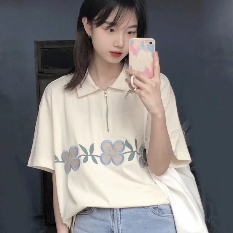 Áo polo Tay Ngắn Có Cổ Khóa Kéo Dáng Rộng Thời Trang Mùa Hè Mới Cho Nữ