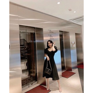 ĐẦM MIDI ĐEN CỔ TIM TAY BỒNG