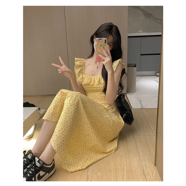 Đầm Dáng Chữ A Không Tay Cổ Vuông Họa Tiết Hoa Phong Cách Hàn Quốc Thời Trang Mùa Hè Hàng Mới 2022